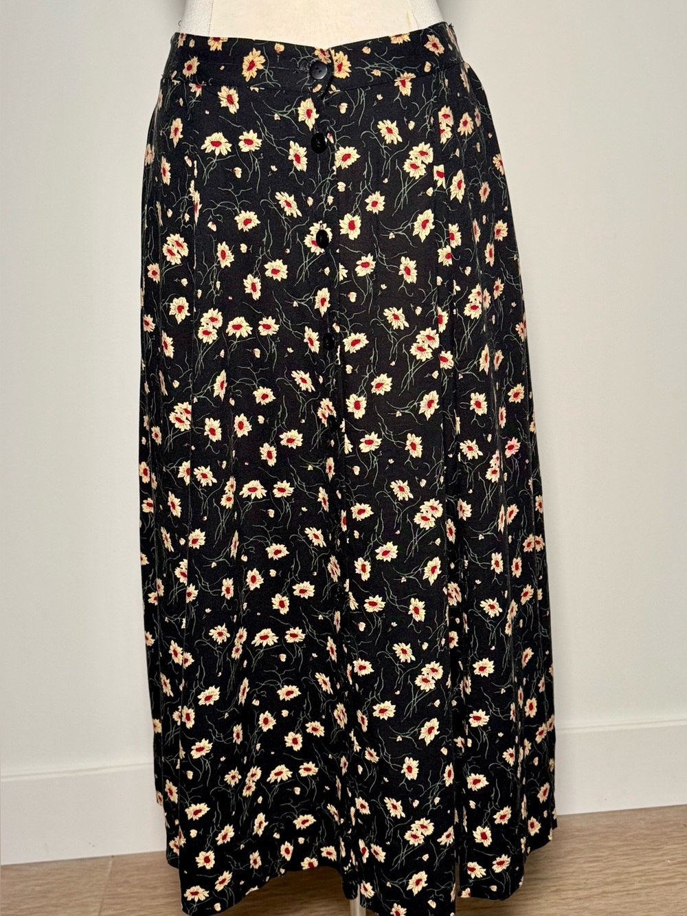 Black Floral Button Front Sunflowers Maxi Skirt
